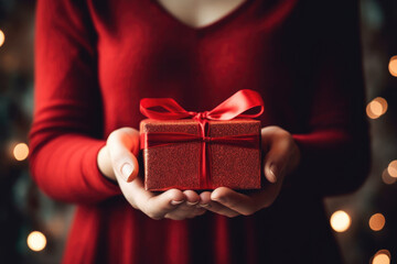Closeup of woman hands holding Christmas present