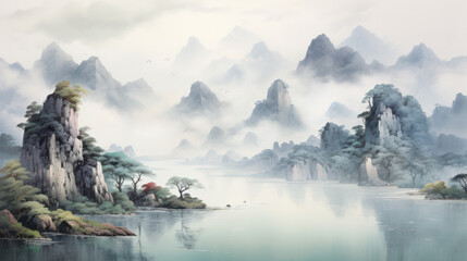 Chinese ink mountian watercolor landscape background illustration. Generative AI
