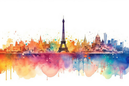 Watercolor aquarelle with Parisian skyline and Eiffel tower, Paris, France