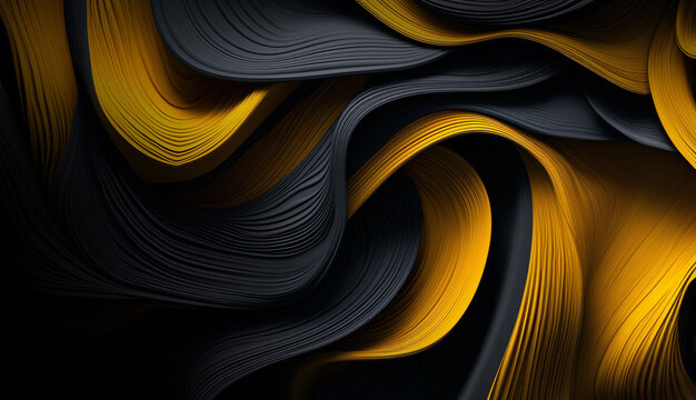 Abstract looped lines backround. Colorful twisted shapes. Yellow on dark. Digital art wallpaper. Generative AI