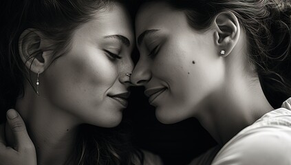 two women looking at each other with lips open
