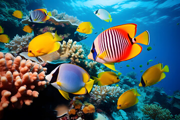 Naklejka na ściany i meble harming school of tropical fish including vibrant coral reef