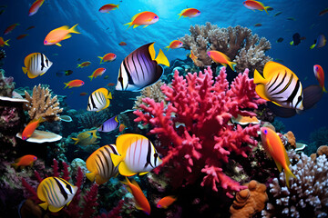 Obraz na płótnie Canvas harming school of tropical fish including vibrant coral reef