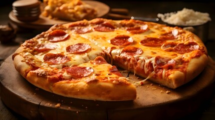 Photo of pizza on a wooden board and table, side view.