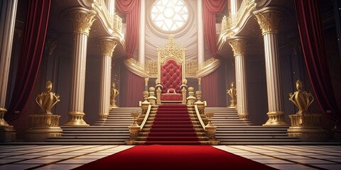 Red carpet leading to a king thrones inside of the palace castle. Generative AI.