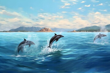 dolphins jump to the surface of the water