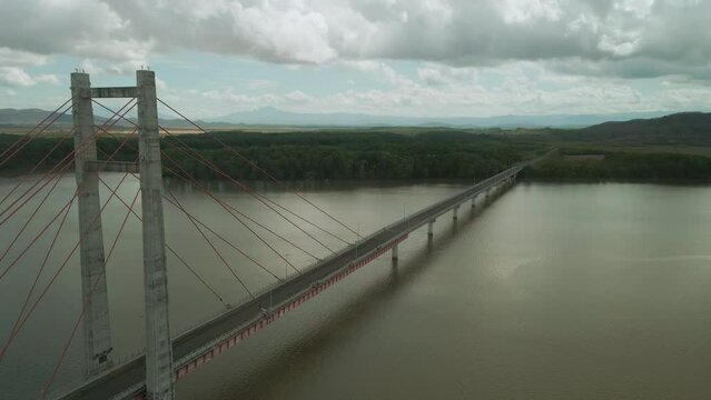 Drone View Above Costa Rica Taiwan Friendship Bridge, Cable Bridge Over Tempisque River, 4K