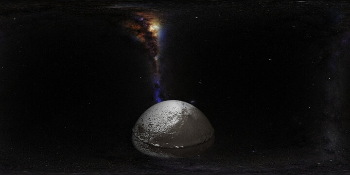 360 degree space background with Saturn's moon Iapetus, equirectangular projection, environment map. HDRI spherical panorama