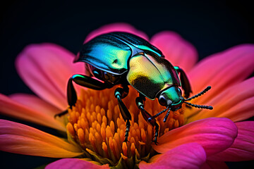 Beetle perched on a flower petal - obrazy, fototapety, plakaty