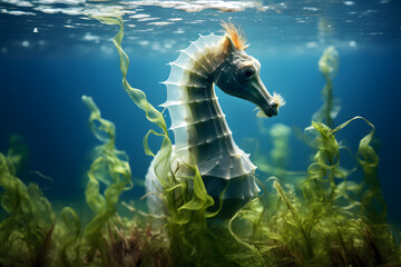 seahorse clinging onto a swaying seagrass - obrazy, fototapety, plakaty