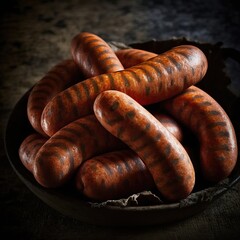 Grilled meat sausages in the black bowl. Fried sausage. Grilling food, bbq. Delicious barbecue. Place for text, top view.