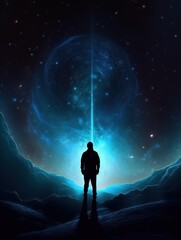 A man stands in front of a beam of light. Ahead is the unknown, the chaos, the future. A view of the universe, planets.  