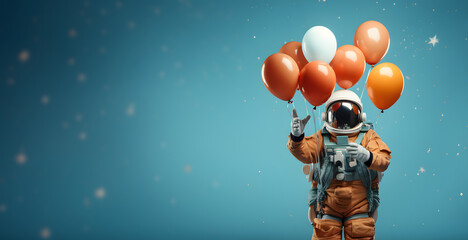 Astronaut with balloons isolated on blue background, holiday banner with blank space for text, space man congratulates, copy space, generated ai