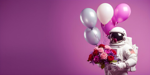 Astronaut with a bouquet of roses and balloons on purple background, holiday banner with blank space for text, space man congratulates, copy space, generated ai