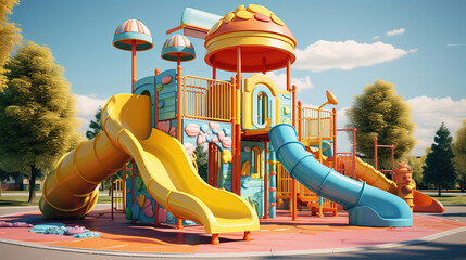 Kids playground with carousel and slide. Generative Ai