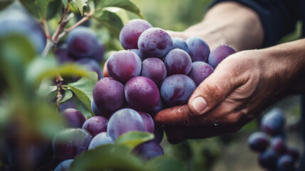 Close up of farmer hands harvesting plum fruit