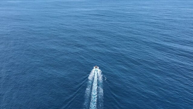 Motorboat piloted out to open ocean leaving white wake, whale watching Azores