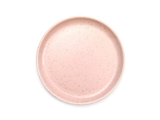 Top view, empty pink round ceramic plate with dotted isolated on a white background. Use for home or restaurant, food design. Kitchen accessory. .