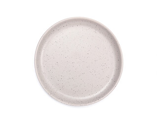 Top view, empty grey round ceramic plate with dotted isolated on a white background. Use for home or restaurant, food design. Kitchen accessory. .
