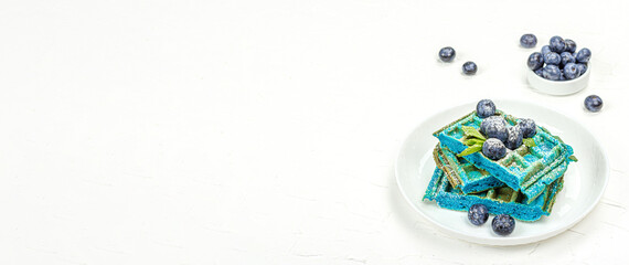 Fototapeta na wymiar Homemade Belgium Waffles with blueberries. Gluten-free blue dessert, fresh fruits and mint