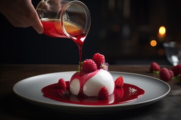 A delicious cream dessert covered with berry sauce, decorated with raspberries. The chef pours the sauce over the dessert. A great evening meal in the restaurant. Generative AI