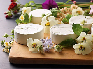 Fototapeta na wymiar A white plate topped with cheese covered in flowers. Generative AI. Edible flowers as decoration.