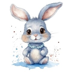 watercolor image of a cute cartoon blue rabbit on a white background. generated ai