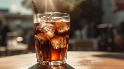 a glass of cola with ice on a table on a hot sunny day with blurred background. generated ai