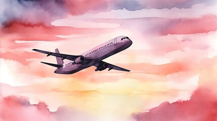watercolor image passenger airplane flies in the pink dawn sky. generated ai
