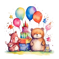 cute watercolor card with teddy bear, hamster, gift boxes and balloons. generated ai