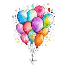 watercolor illustration of a bunch of bright multicolored balloons on a white background. generated ai