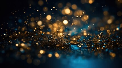 Naklejka premium Hintergrund, abstrakt, blau, gold, Partikel in Bewegung, bokeh Generative AI