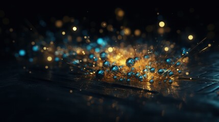 Naklejka premium Hintergrund, abstrakt, blau, gold, Partikel in Bewegung, bokeh Generative AI