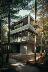 Modern japanese concrete house in the woods, bright day ligh. Generative AI