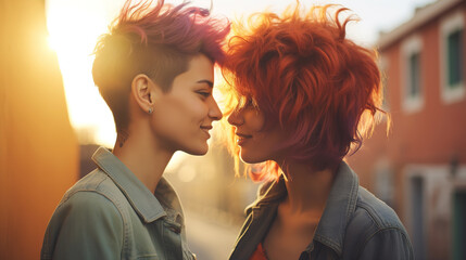 Two lesbian girls with bright hair close-up. AI generation