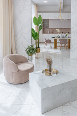 light luxury interior design of a modern apartment in a minimalist style with marble trim and huge windows. daylight inside the kitchen and living room
