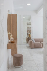 light luxury interior design of a modern apartment in a minimalist style with marble trim and huge windows. daylight inside the kitchen and living room