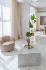 light luxury interior design of a modern apartment in a minimalist style with marble trim and huge windows. daylight inside the kitchen and living room