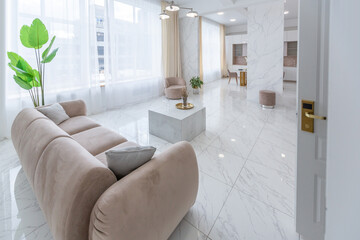 light luxury interior design of a modern apartment in a minimalist style with marble trim and huge windows. daylight inside the kitchen and living room