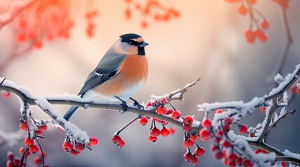 A bird sitting on a branch of a tree covered in snow. Generative AI. Wintertime or Christmas greeting card design.