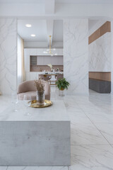 light luxury interior design of a modern apartment in a minimalist style with marble trim and huge windows. daylight inside the kitchen and living room