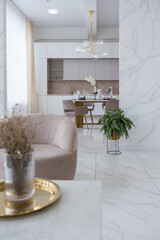 light luxury interior design of a modern apartment in a minimalist style with marble trim and huge windows. daylight inside the kitchen and living room