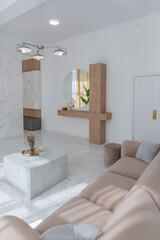 light luxury interior design of a modern apartment in a minimalist style with marble trim and huge windows. daylight inside the kitchen and living room