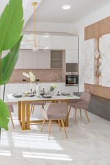 stylish kitchen and a set dining table in a light luxury interior design of a modern apartment in a minimalist style with marble trim and huge windows. daylight inside.