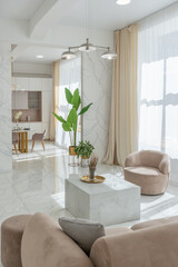light luxury interior design of a modern apartment in a minimalist style with marble trim and huge windows. daylight inside the kitchen and living room