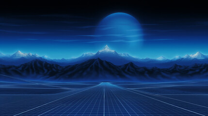 Blue landscape background with digital grid on the ground and mountains in backdrop