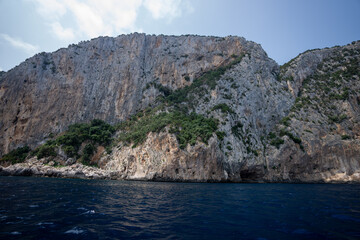 kamieniste i obrośnięte zieloną roślinnością zbocza wyspy Sardynia