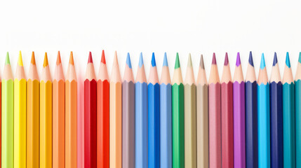 Wave of colorful wooden pencils isolated on white panoramic background, back to school concept with copy space