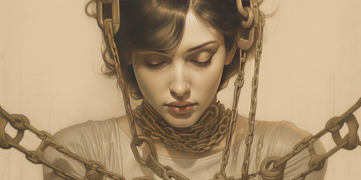 a cartoon depiction of a lady wearing a necklace with a chain around her neck