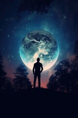 Fototapeta premium human silhouette against the background of the planet and the starry sky, generated by AI